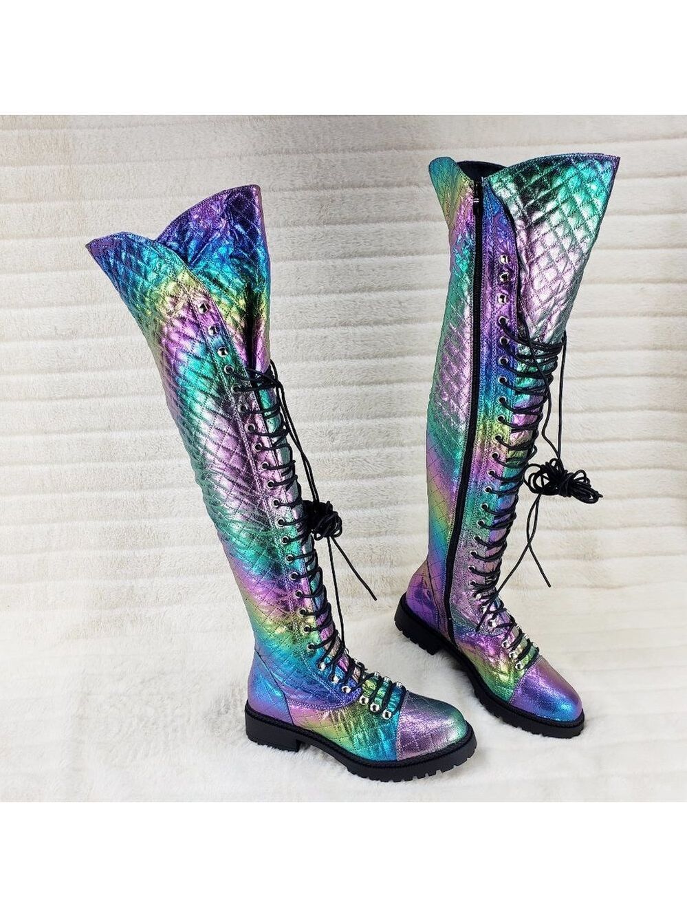 Travis Festive Quilted Metallic Rainbow Corset Lace Over the Knee Boots - Picture 8 of 11